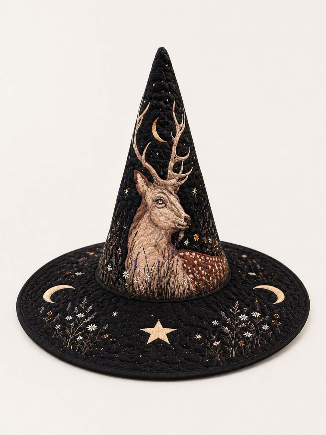 Handmade Quilted Witch Hat – Mystical Stag in a Dark Style