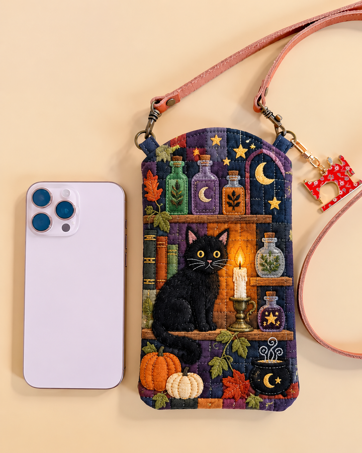 Slim Quilted Phone Crossbody Bag – Black Cat in the Witch’s Library