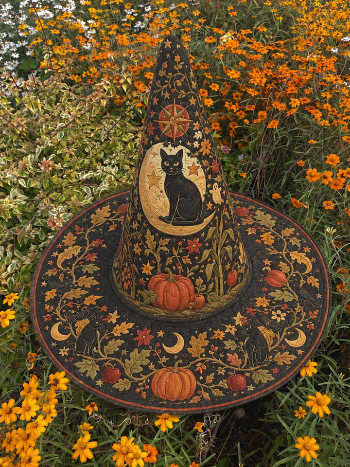 Handmade Quilted Witch Hat – Black Cat, Pumpkins and Stars