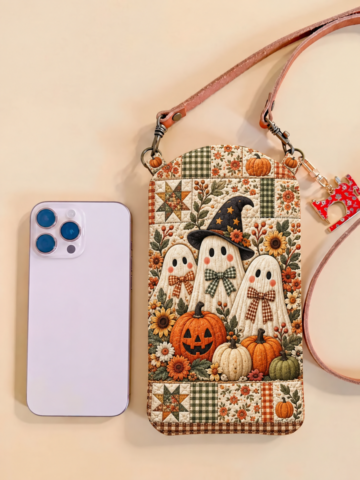 Slim Quilted Phone Crossbody Bag – Ghost Trio in a Pumpkin Patch