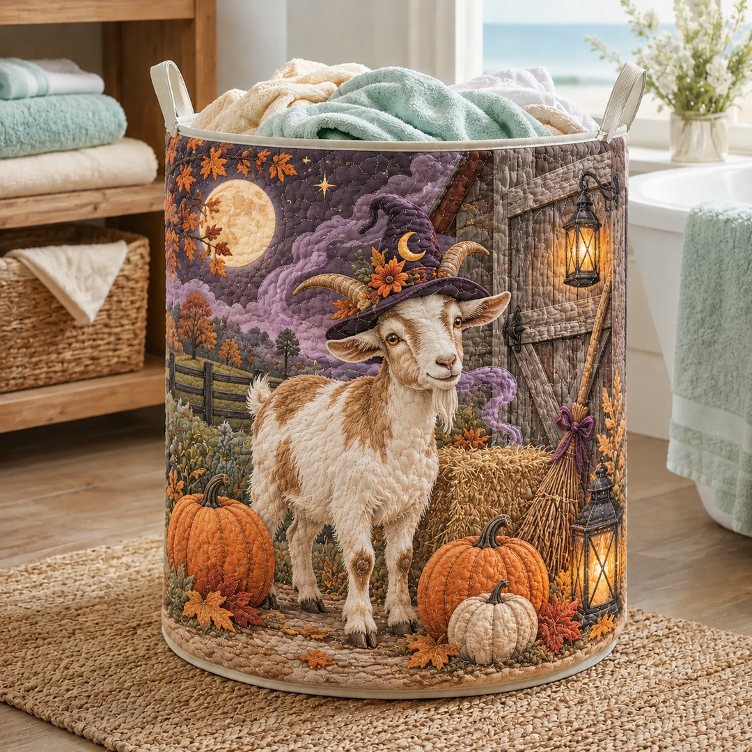 Quilted Laundry Basket – Witch Goat in a Pumpkin Patch