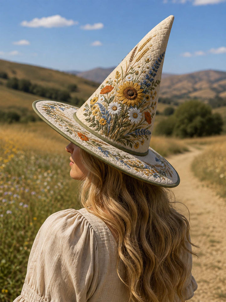 Handmade Quilted Witch Hat – Embroidered Wildflowers and Sunflowers