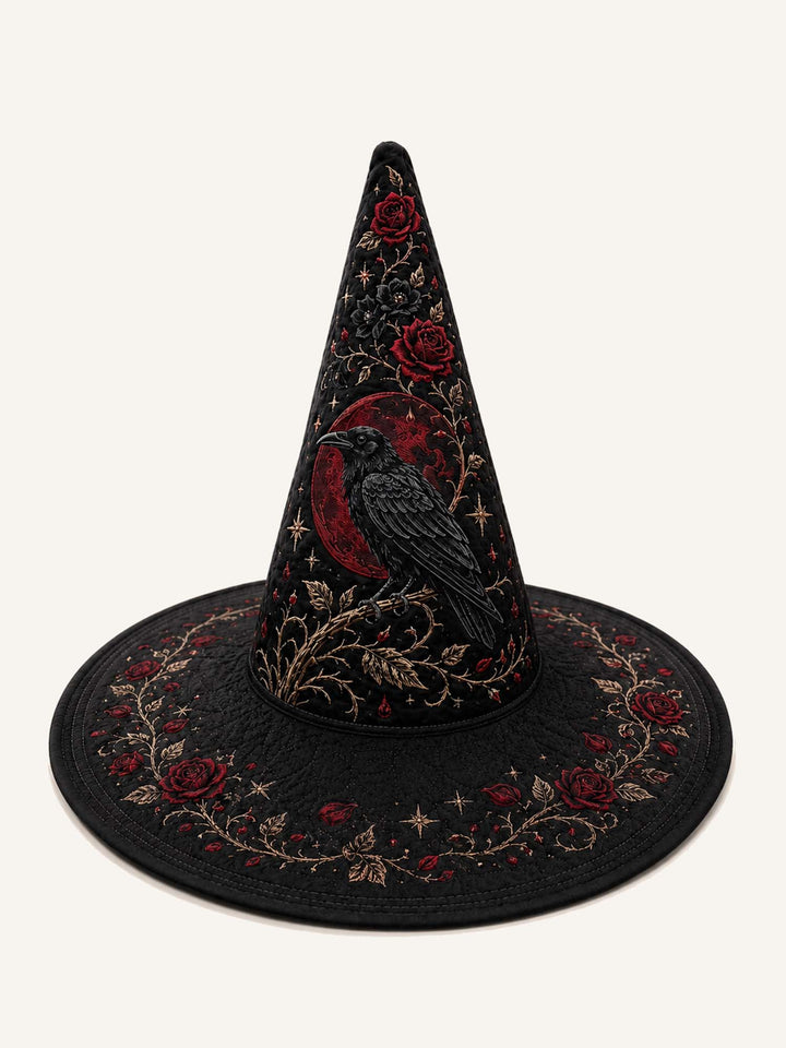 Handmade Quilted Witch Hat – Black Roses and Raven in Victorian Style