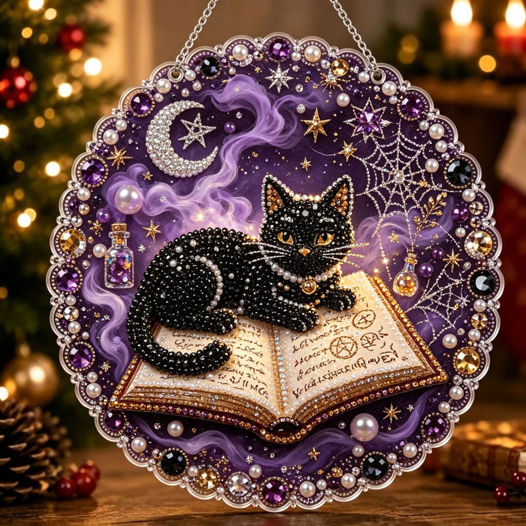 🔥Limited time 70% OFF - 🎃✨ Halloween Pearl Diamond Art Hanging Ornament Kit – Sparkling DIY Window Hanging Decor – 🐈‍⬛🔮 Mystic Spellbook Cat