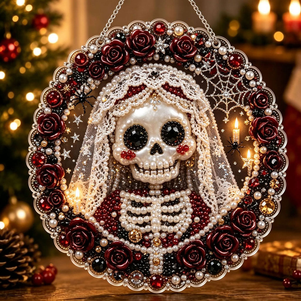 🔥Limited time 70% OFF - 🎃✨ Halloween DIY Pearl Diamond Art Ornament Kit – Sparkling Hanging Decor – 💀🥀 Gothic Skeleton Bride