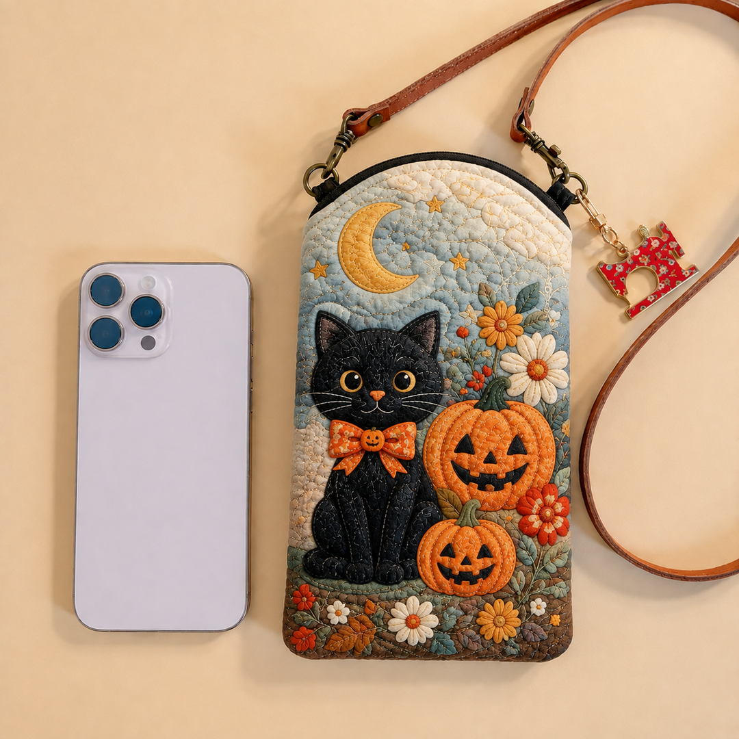 Slim Quilted Phone Crossbody Bag – Black Cat in a Pumpkin Garden