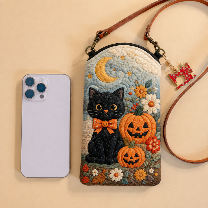 Slim Quilted Phone Crossbody Bag – Black Cat in a Pumpkin Garden