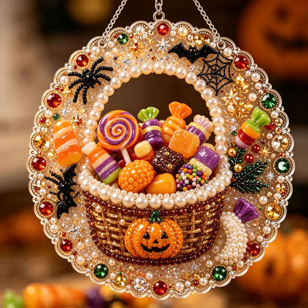 🔥Limited time 70% OFF - 🎃✨ Halloween DIY Pearl Diamond Art Ornament Kit – Sparkling Hanging Decor – 🍬🎃 Halloween Candy Basket