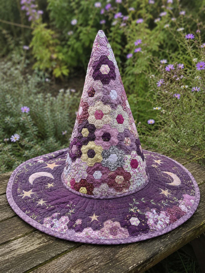Handmade Quilted Witch Hat – Hexagon Patchwork with Star Motifs