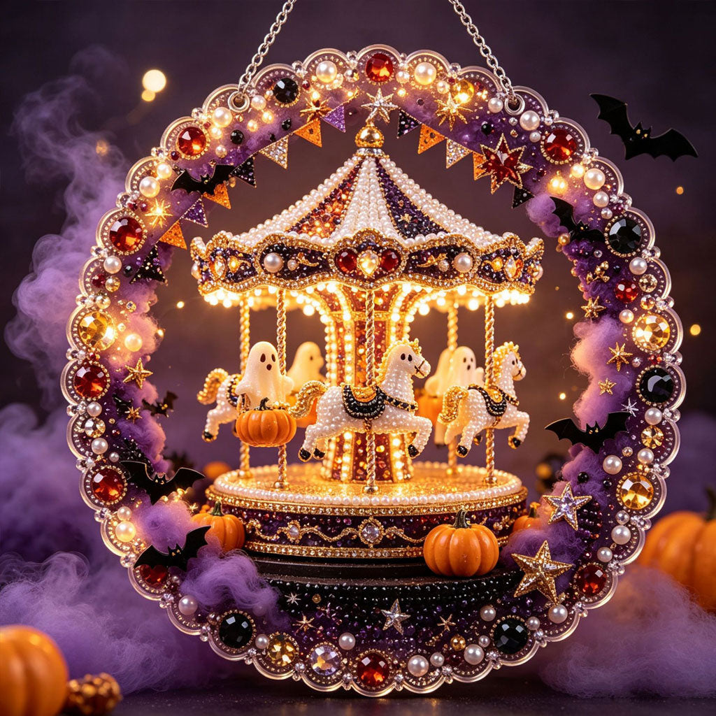 🔥Limited time 70% OFF - 🎃✨ Halloween DIY Pearl Diamond Art Ornament Kit – Sparkling Hanging Decor – 🎠👻 Spooky Ghost Carousel