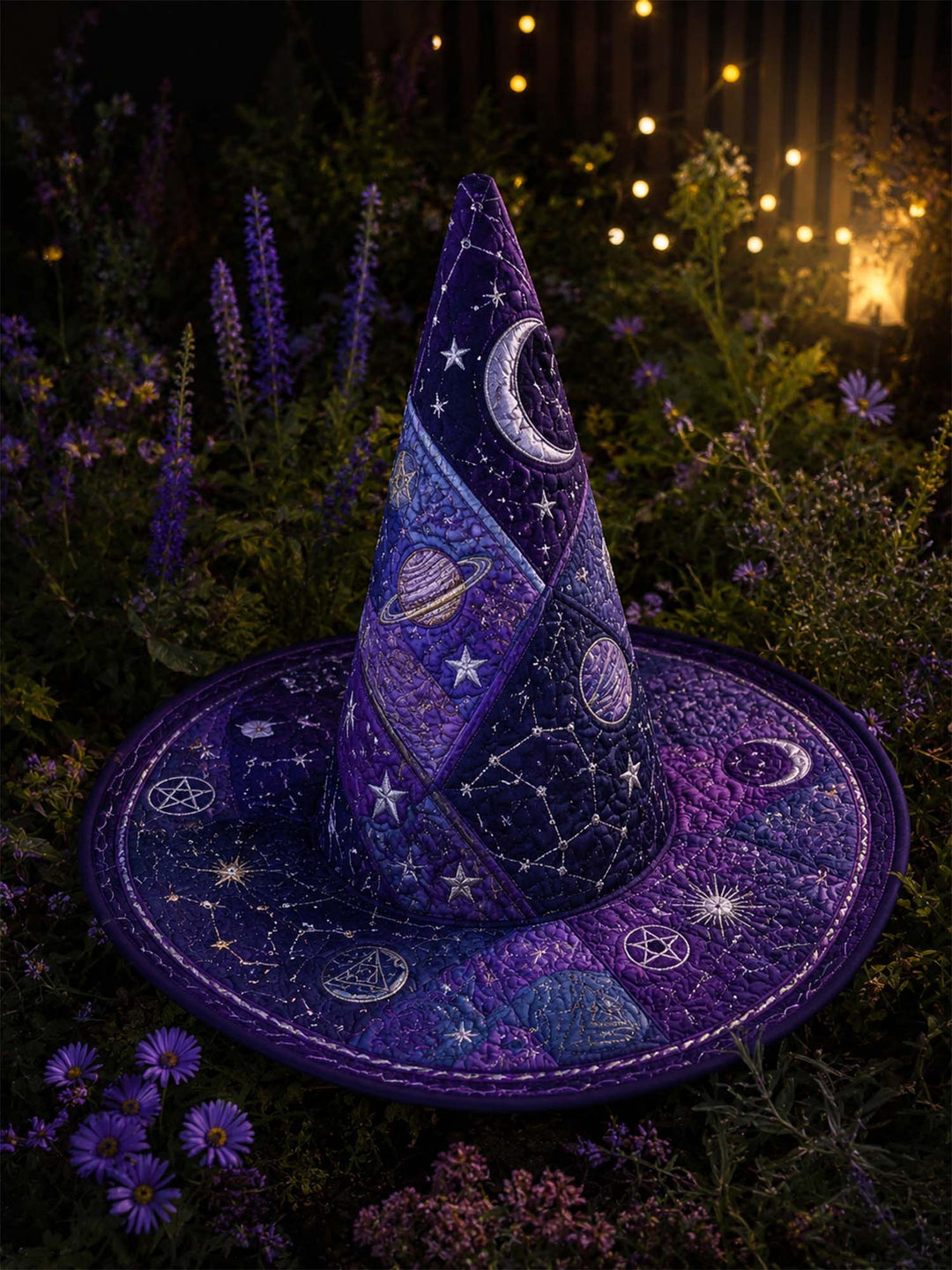 Handmade Quilted Witch Hat – Dark Academia and Cosmic Motifs