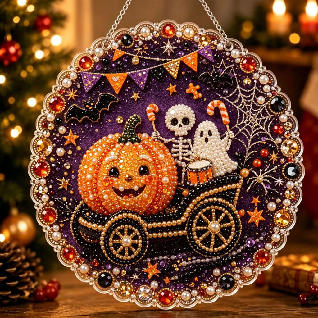 🔥Limited time 70% OFF - 🎃✨ Halloween DIY Pearl Diamond Art Ornament Kit – Sparkling Hanging Decor – 🎃💀 Pumpkin Skeleton Parade