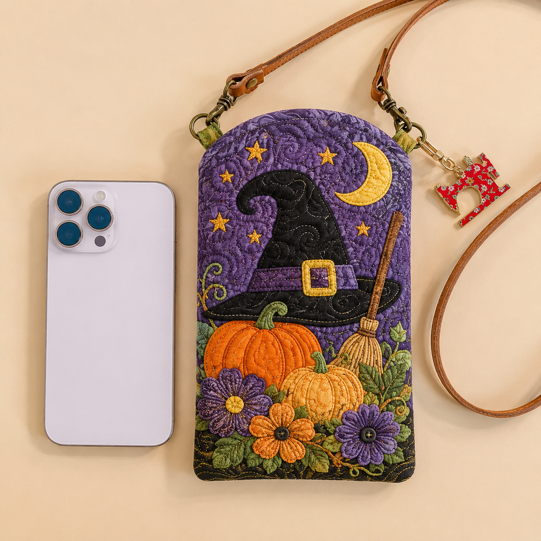 Slim Quilted Phone Crossbody Bag – Witch Hat in a Pumpkin Garden