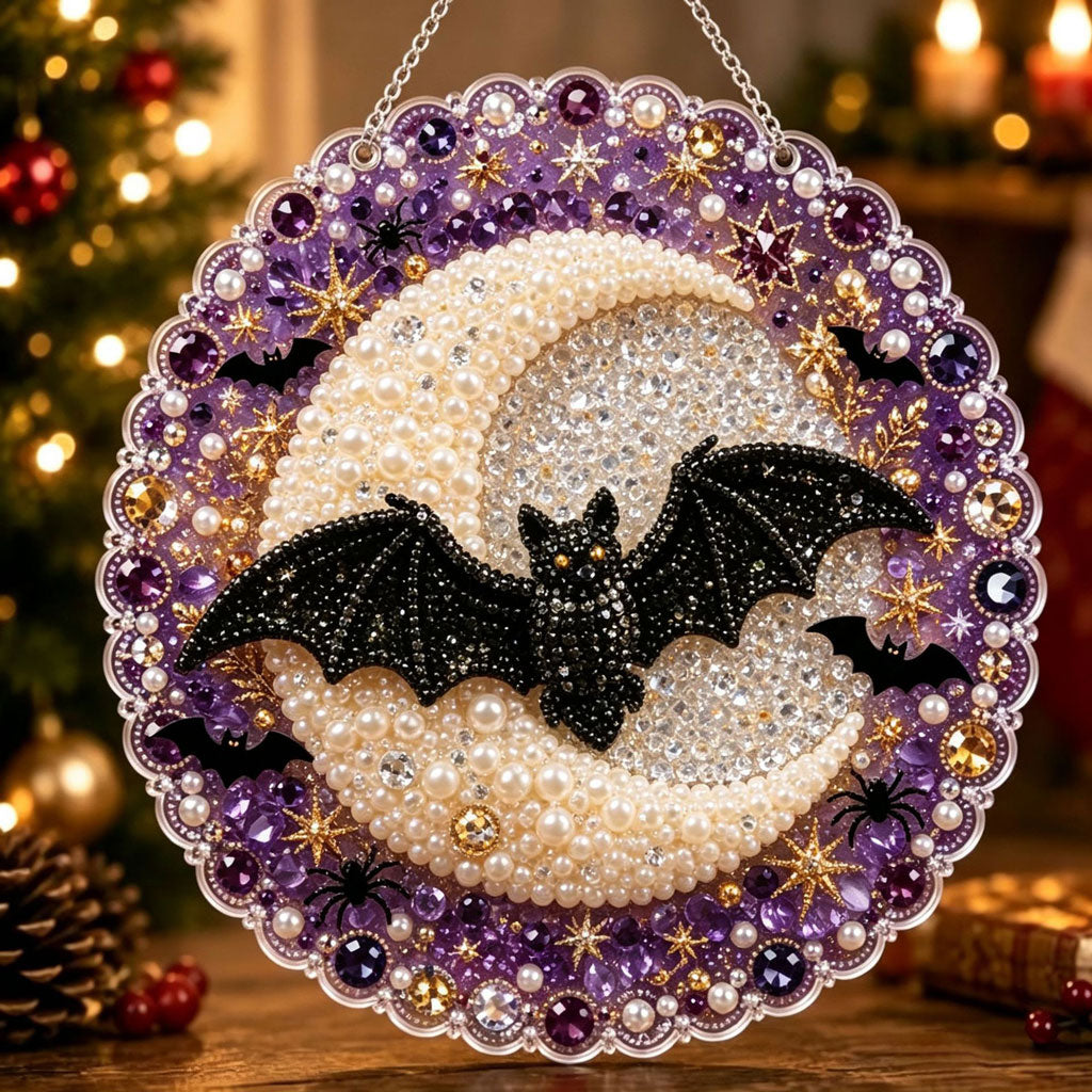 🔥Limited time 70% OFF - 🎃✨ Halloween DIY Pearl Diamond Art Ornament Kit – Sparkling Hanging Decor – 🦇🌙 Midnight Bat Moon