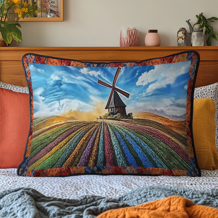Quilted cushion cover with colorful tulips by Louise London