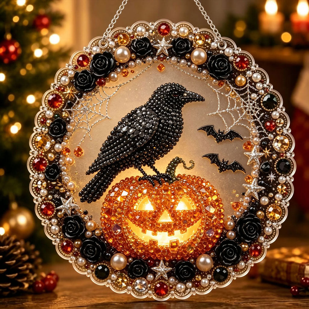 🔥Limited time 70% OFF - 🎃✨ Halloween Pearl Diamond Art Hanging Ornament Kit – Sparkling DIY Window Hanging Decor – 🐦‍⬛🎃 Raven Pumpkin Night