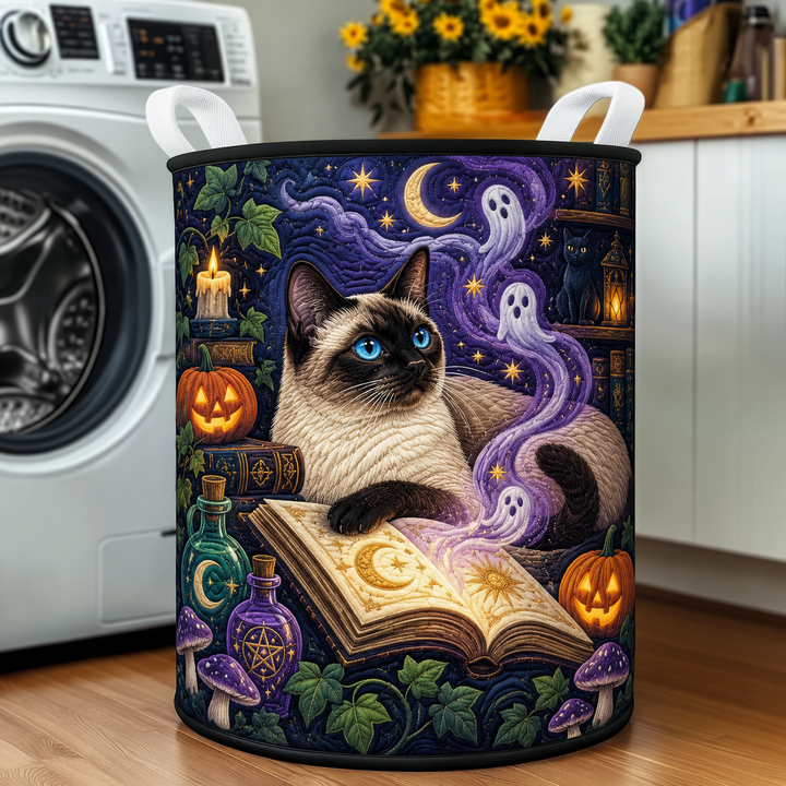 Quilted Laundry Basket – Siamese Cat and Magical Spellbook