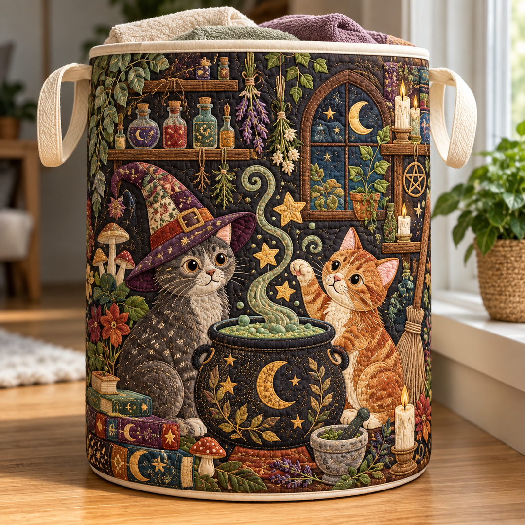 Quilted Laundry Basket – Witch Cats on Potion Night