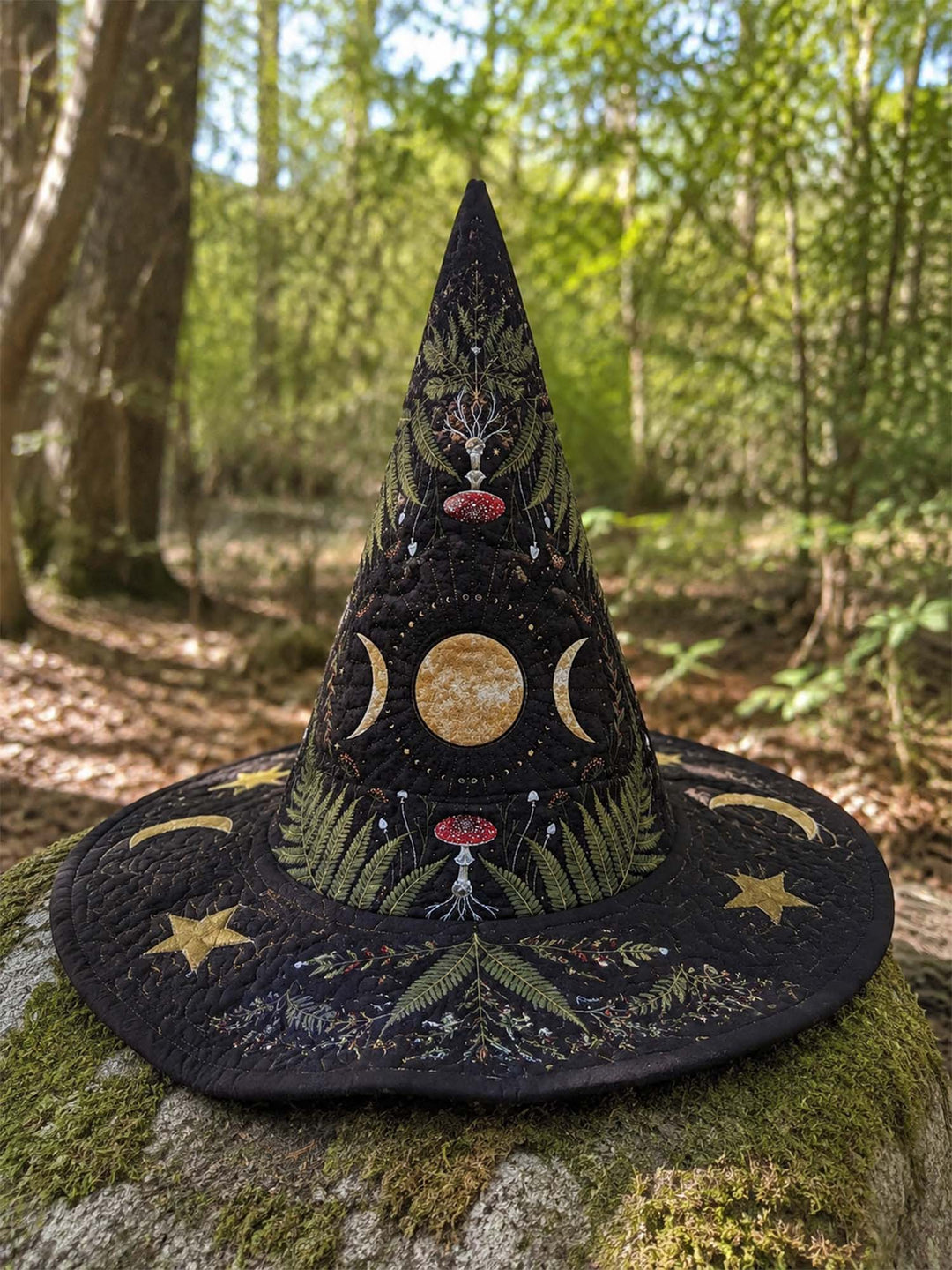 Handmade Quilted Witch Hat – Mushrooms in a Dark Enchanted Forest
