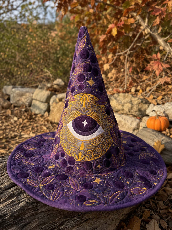 Handmade Quilted Witch Hat – Mystical Moon Eye under the Stars