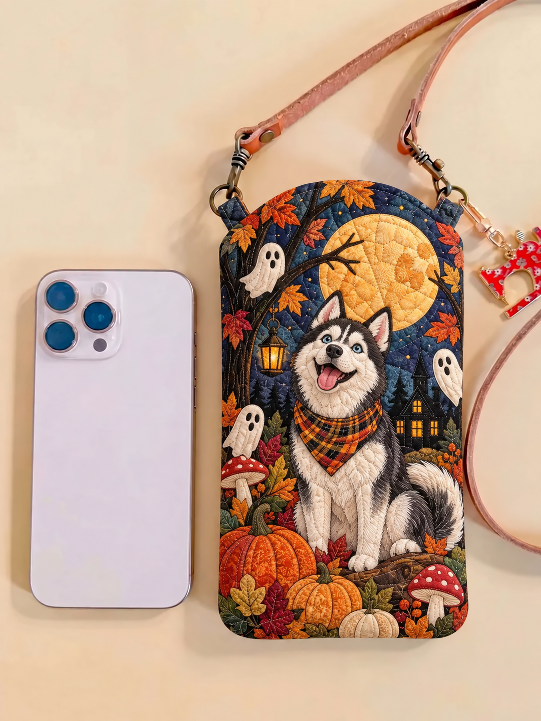 Slim Quilted Phone Crossbody Bag – Halloween Husky in the Moonlight