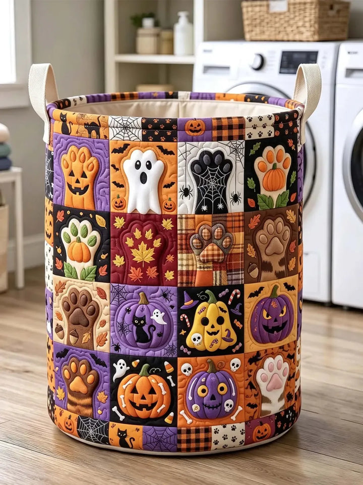 Quilted Laundry Basket – Cat Paws and Halloween Pumpkins