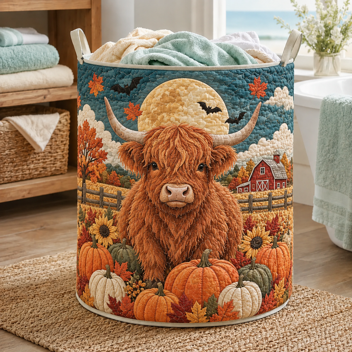 Quilted Laundry Basket – Highland Cow under the Autumn Moon