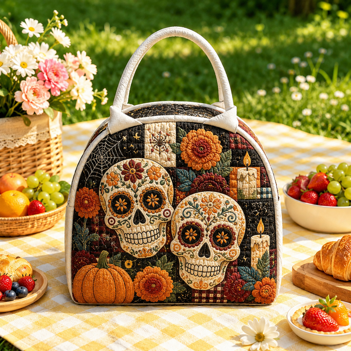 Quilted Lunch Bag – Sugar Skull with Flowers