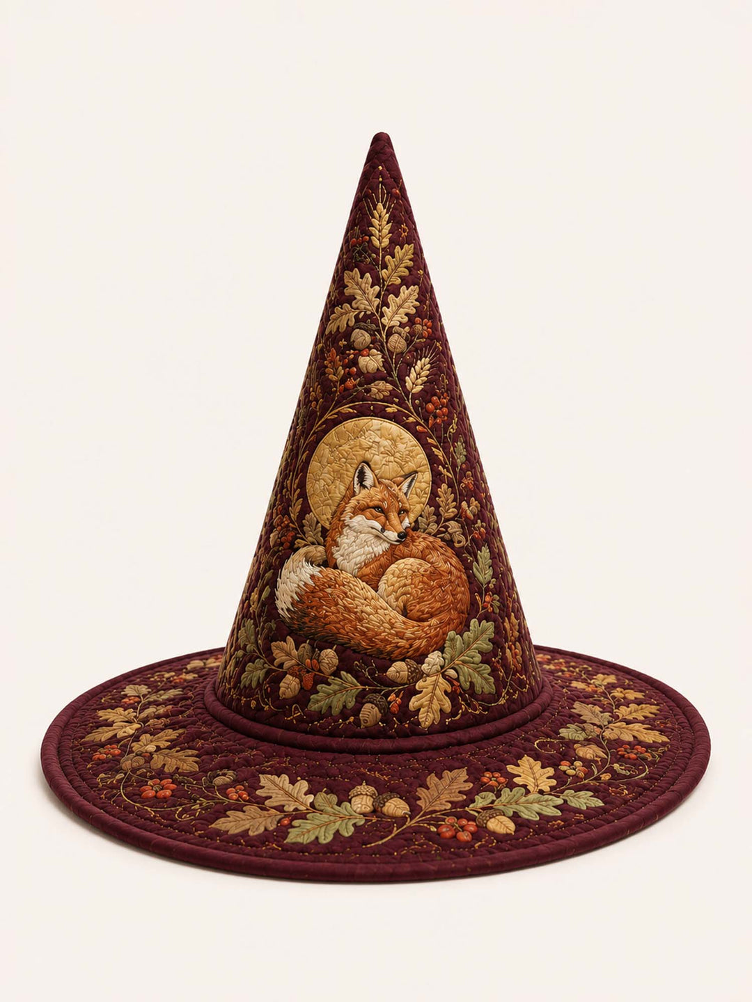 Handmade Quilted Witch Hat – Autumn Fox by a Woodland Cottage