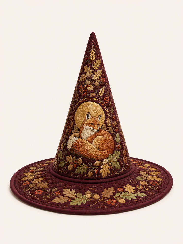 Handmade Quilted Witch Hat – Autumn Fox by a Woodland Cottage