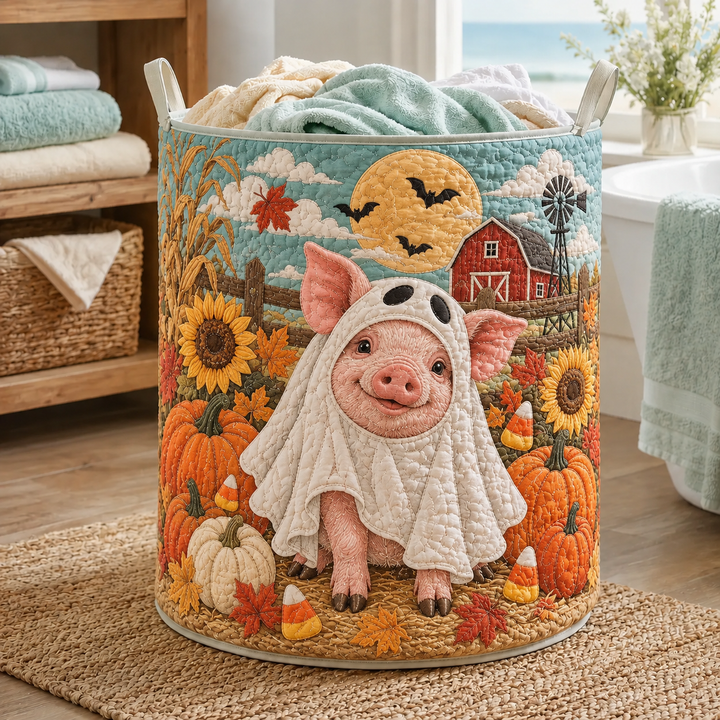 Quilted Laundry Basket – Piglet in a Ghost Costume at Harvest Time