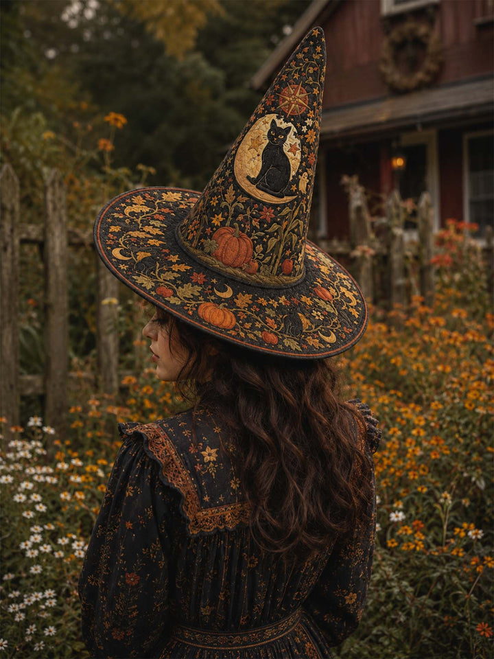 Handmade Quilted Witch Hat – Black Cat, Pumpkins and Stars