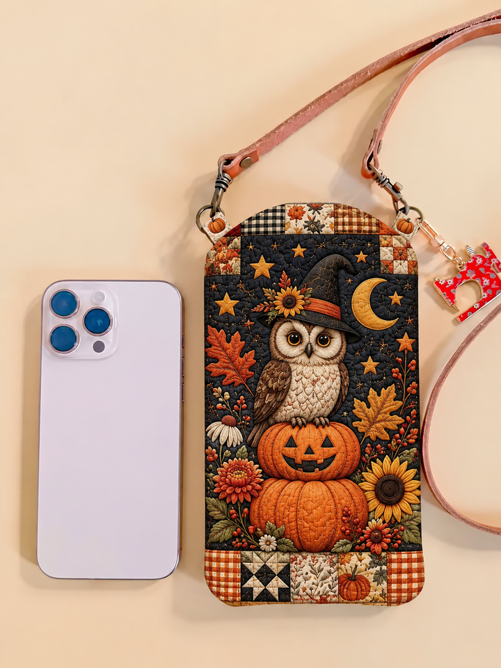 Slim Quilted Phone Crossbody Bag – Owl and Pumpkins for Halloween