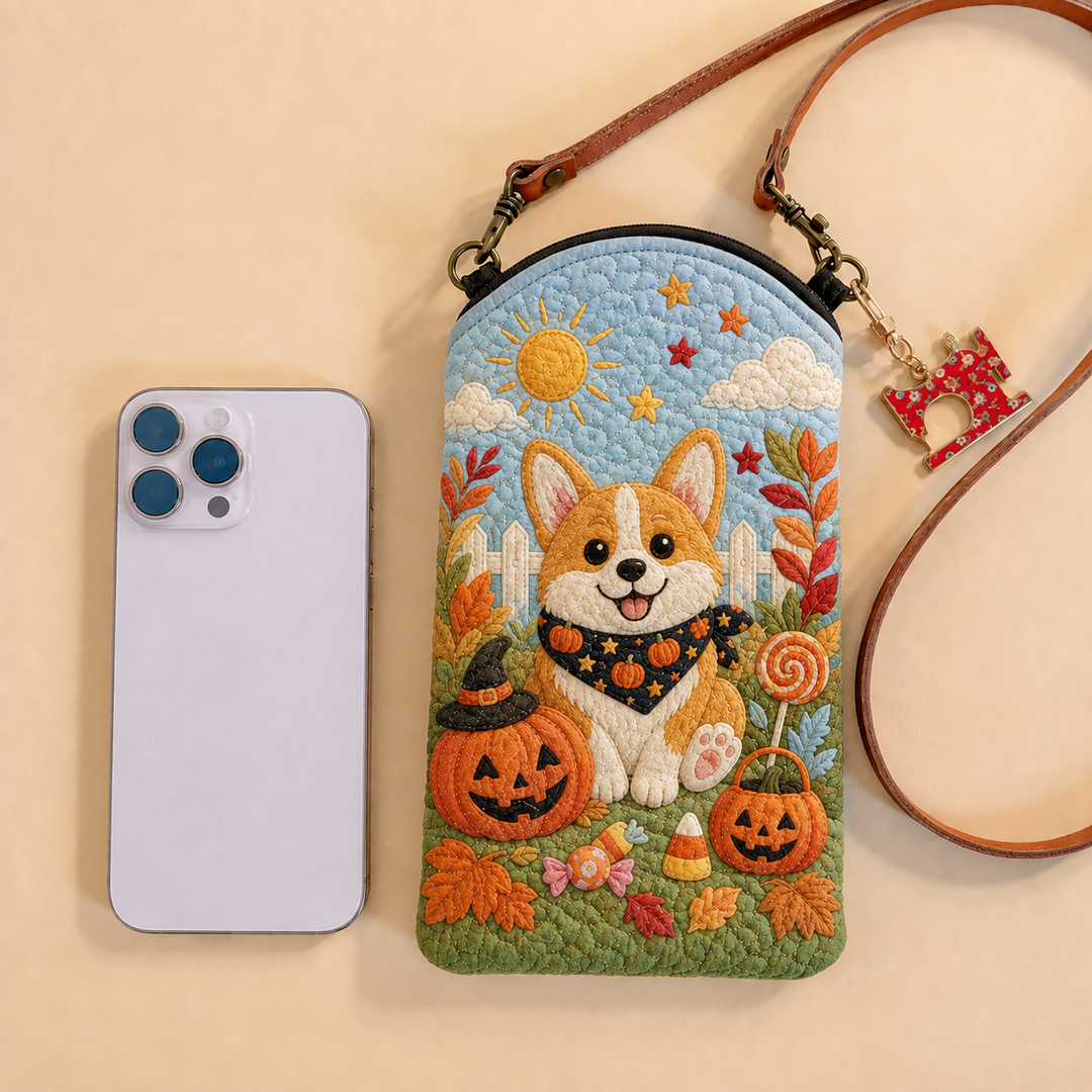 Slim Quilted Phone Crossbody Bag – Halloween Corgi amongst Sweets