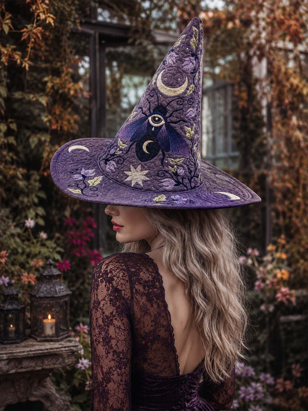 Handmade Quilted Witch Hat – Mystical Purple Moon and Stars