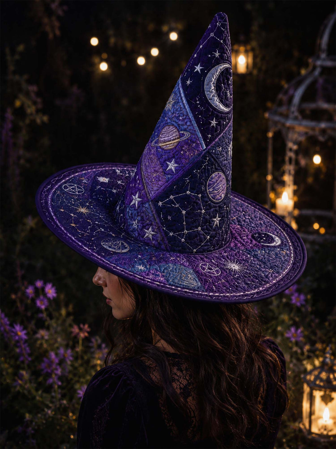 Handmade Quilted Witch Hat – Dark Academia and Cosmic Motifs