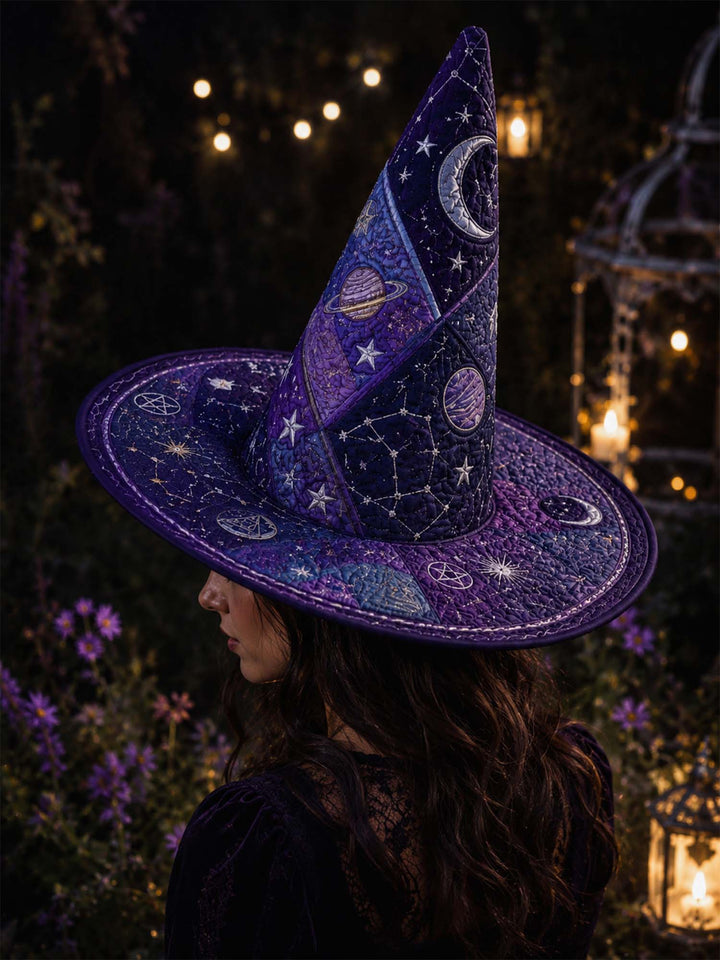 Handmade Quilted Witch Hat – Dark Academia and Cosmic Motifs