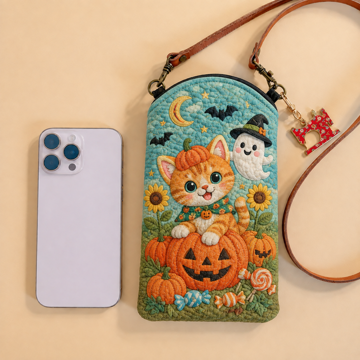 Slim Quilted Phone Crossbody Bag – Ginger Cat in a Ghost Garden