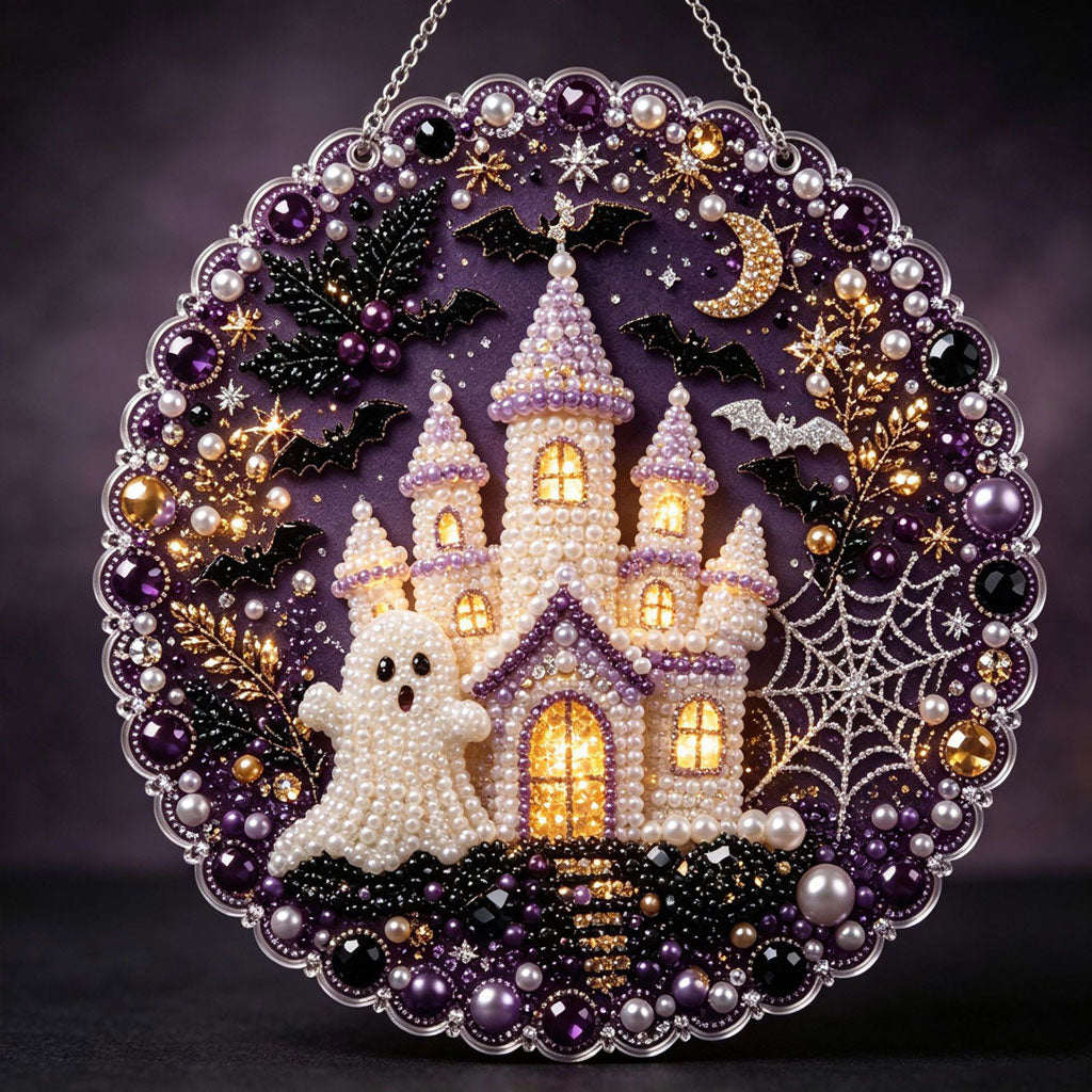 🔥Limited time 70% OFF - 🎃✨ Halloween Pearl Diamond Art Hanging Ornament Kit – Sparkling DIY Window Hanging Decor – 🏰👻 Enchanted Ghost Castle