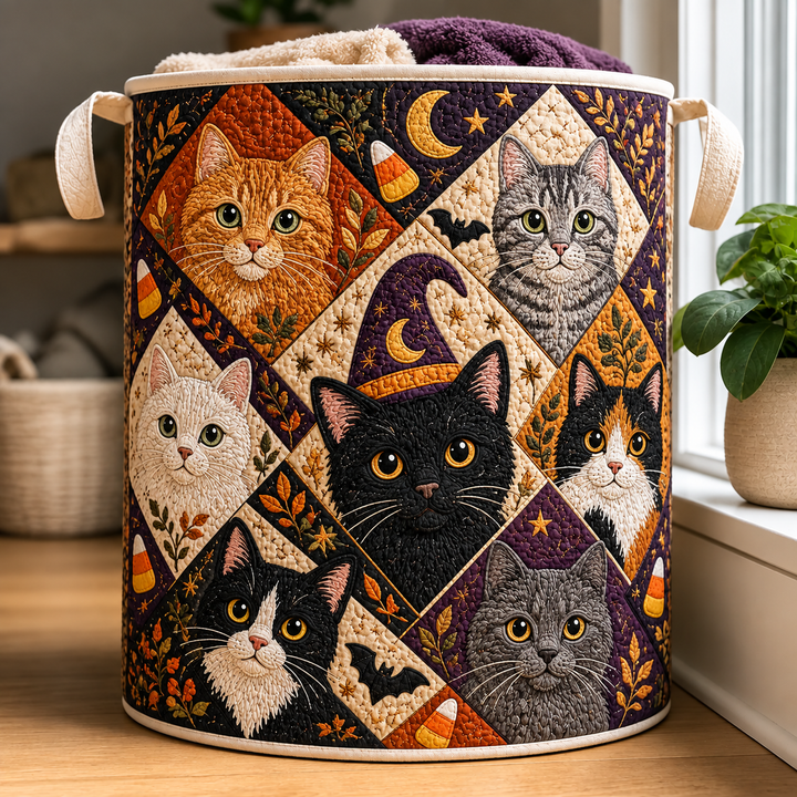 Quilted Laundry Basket – Collage of Spooky Cat Portraits