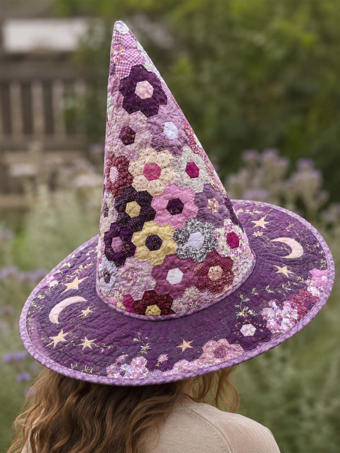 Handmade Quilted Witch Hat – Hexagon Patchwork with Star Motifs