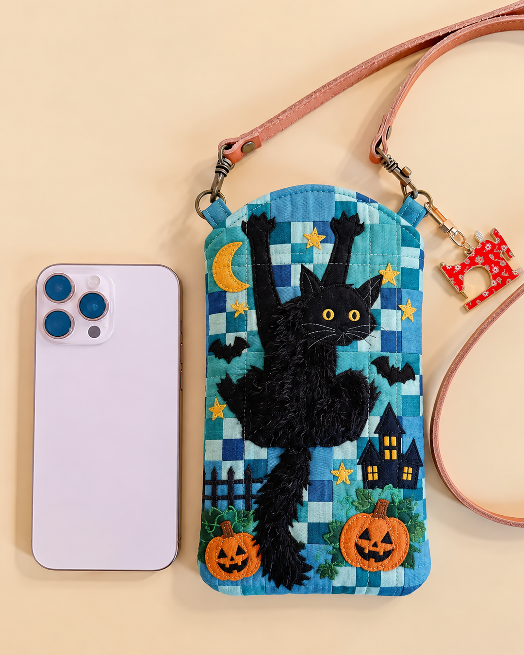 Slim Quilted Phone Crossbody Bag – Black Cat in Blue Patchwork