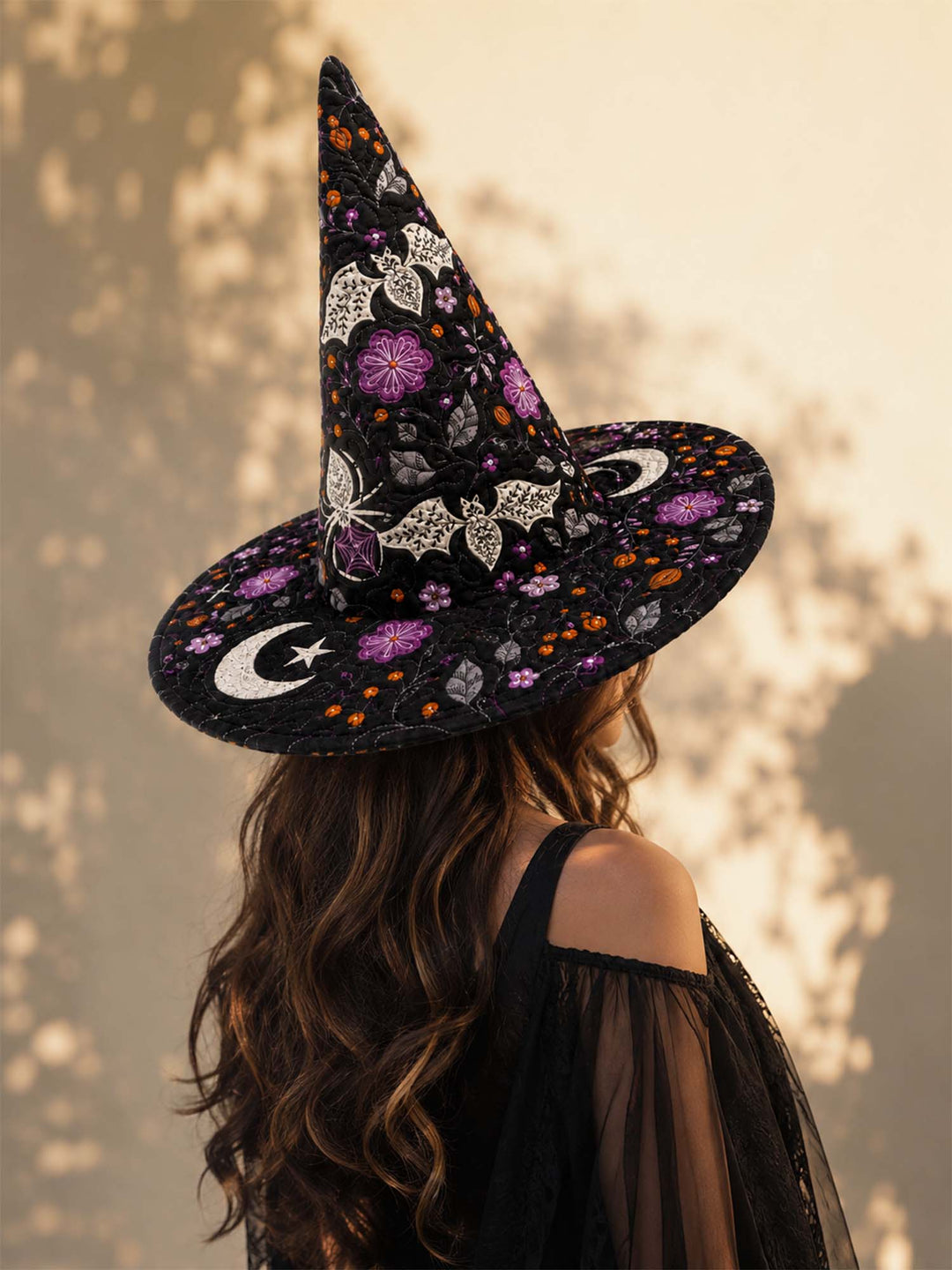 Handmade Quilted Witch Hat – Bats, Flowers and Halloween Moon