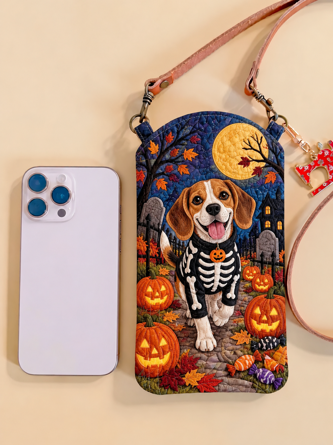 Slim Quilted Phone Crossbody Bag – Beagle in a Skeleton Costume for Halloween