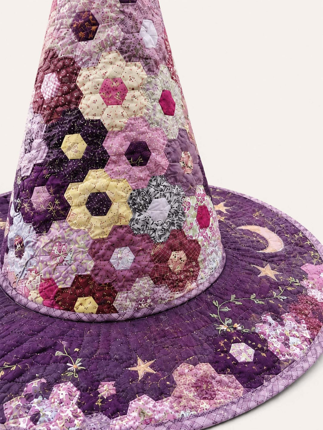 Handmade Quilted Witch Hat – Hexagon Patchwork with Star Motifs