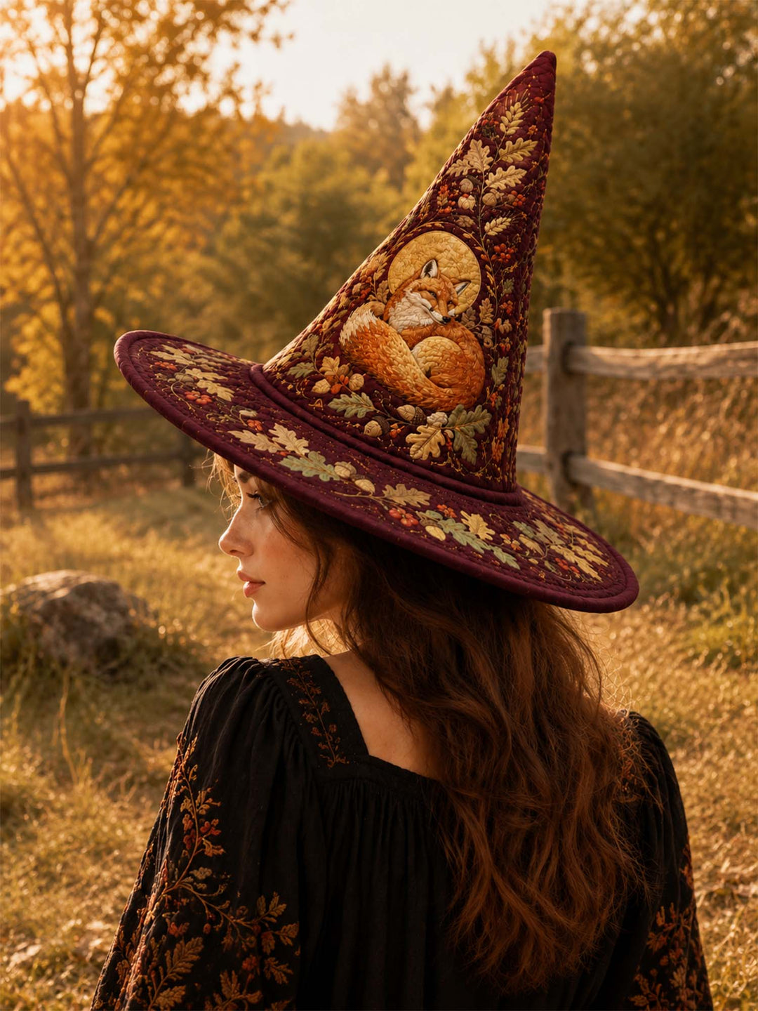 Handmade Quilted Witch Hat – Autumn Fox by a Woodland Cottage