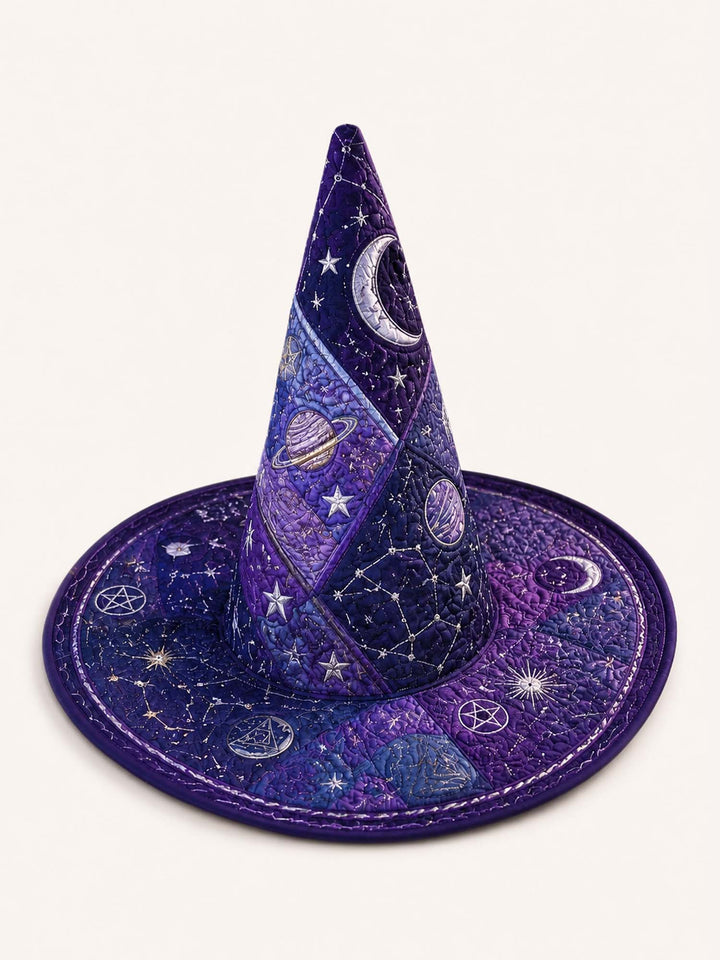 Handmade Quilted Witch Hat – Dark Academia and Cosmic Motifs