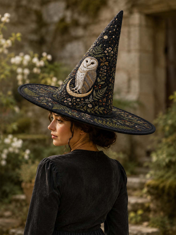 Handmade Quilted Witch Hat – Owl in a Dark Forest by Moonlight