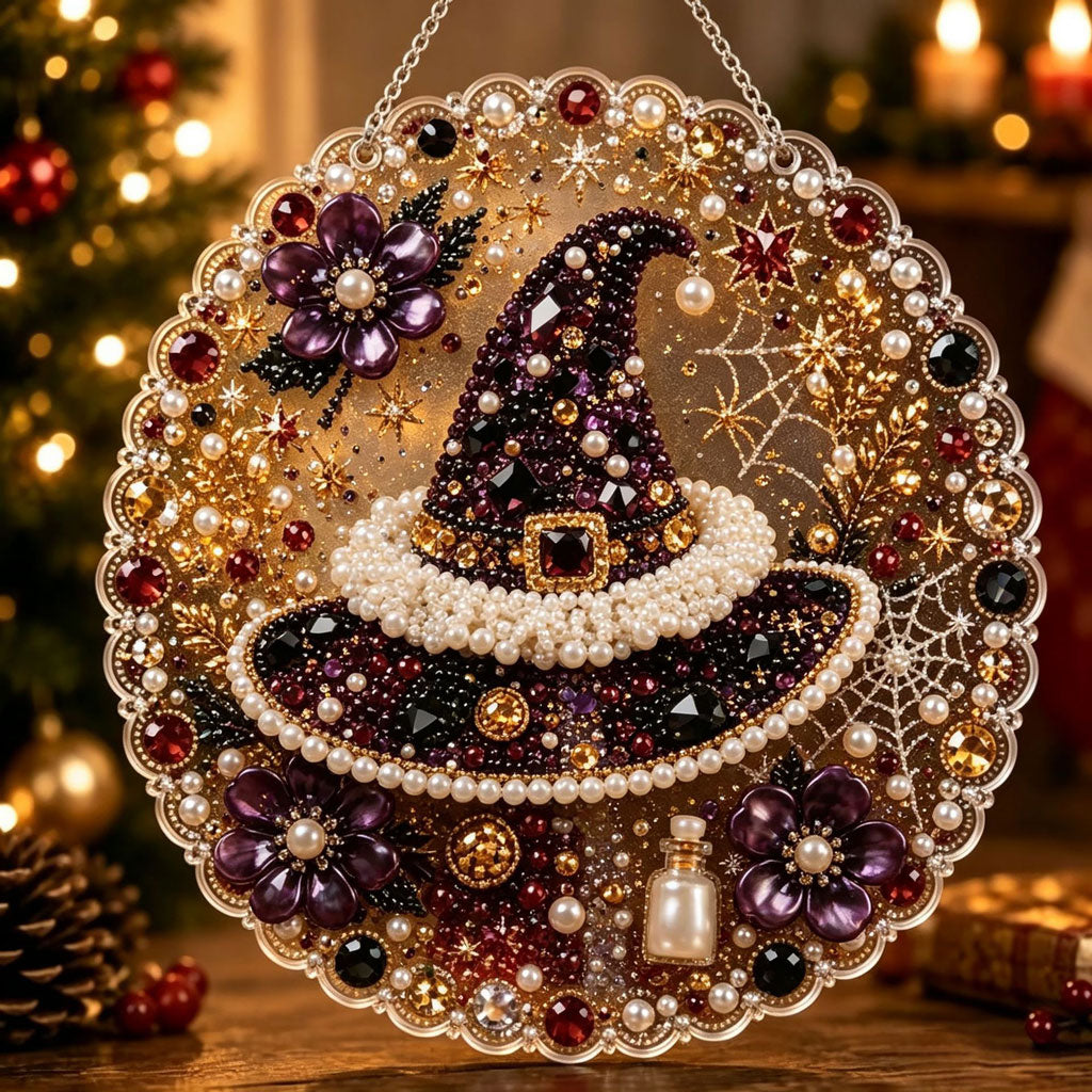 🔥Limited time 70% OFF - 🎃✨ Halloween Pearl Diamond Art Hanging Ornament Kit – Sparkling DIY Window Hanging Decor – 🧙‍♀️🎩 Enchanted Witch Hat