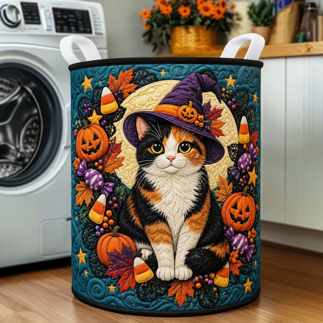 Quilted Laundry Basket – Tricolour Witch Cat for Halloween